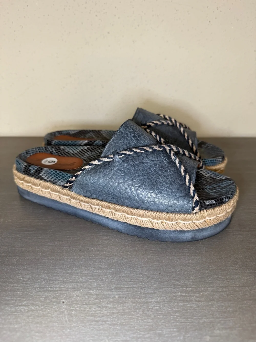 Free People Blue Leather Snakeskin Espadrille Platform Sandals Size 9 Spain
